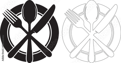 Black and Outline Cutlery Fork Spoon Knife Plate Vector Icon Graphic isolated PNG with Transparent Background
