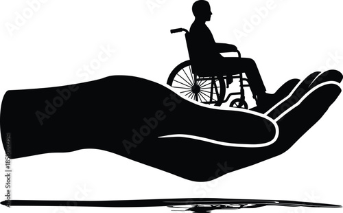 Wheelchair care silhouette, disability support concept, helping hand protection, accessibility assistance icon, healthcare compassion illustration, social service aid concept graphic