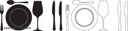 Minimalist Vector Icons of Dinnerware and Cutlery. Solid Black Silhouette and Outline Styles. isolated PNG with Transparent Background