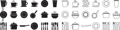 Big Set of Kitchen and Restaurant Utensil Icons, Black Solid and Outline Vector Collection isolated PNG with Transparent Background