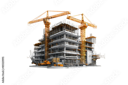 Modern building construction site with two large yellow tower cranes actively working on a new high-rise urban development project. isolated on transparent background