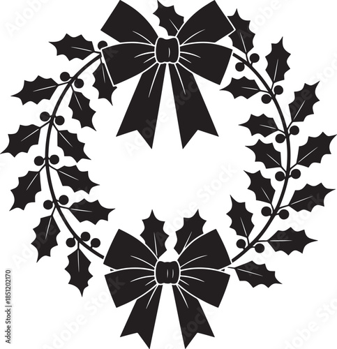 Holly leaves and ribbons forming a circular frame