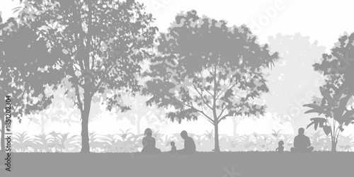 Silhouettes of people meditating amidst trees in a grayscale landscape