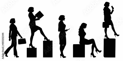 Silhouette of businesswomen ascending steps representing career growth and success