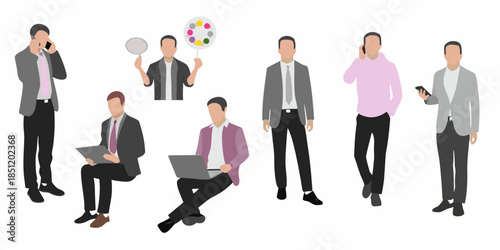 Diverse group of people in business settings using technology and interacting