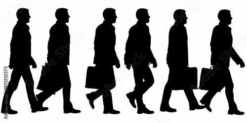 Silhouettes of businessmen walking in a row with briefcases
