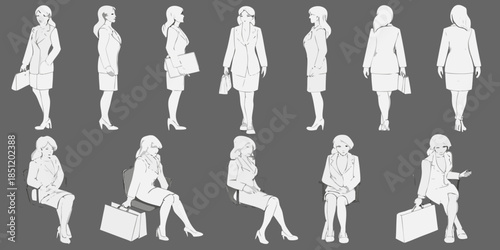 A collection of women in business attire shown in various poses and perspectives