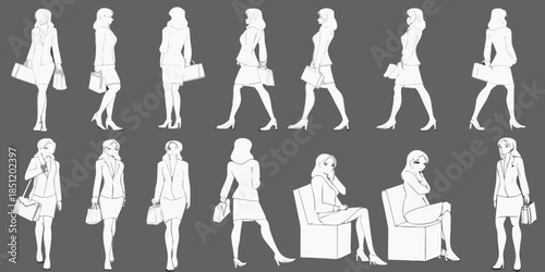 Fashion figure sketches showing women in business attire and various poses