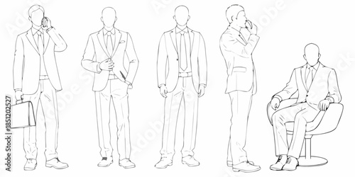 Line art illustration of five men in suits in various poses
