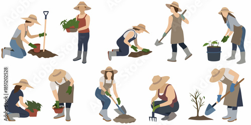 Diverse gardeners tending to plants and soil in a colorful illustration