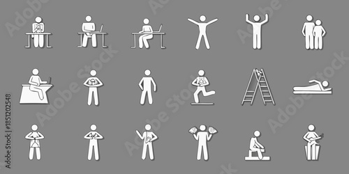 Diverse human figures depict various activities and postures in a simple style