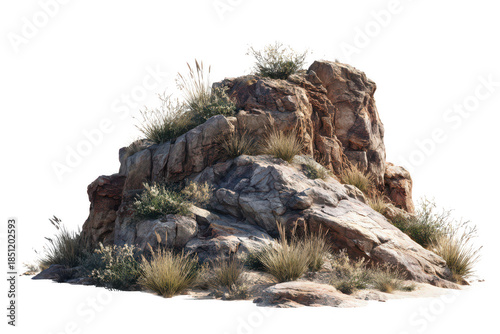 Rocky desert outcrop with dry brush and natural textured stones isolated for architectural rendering isolated on transparent background