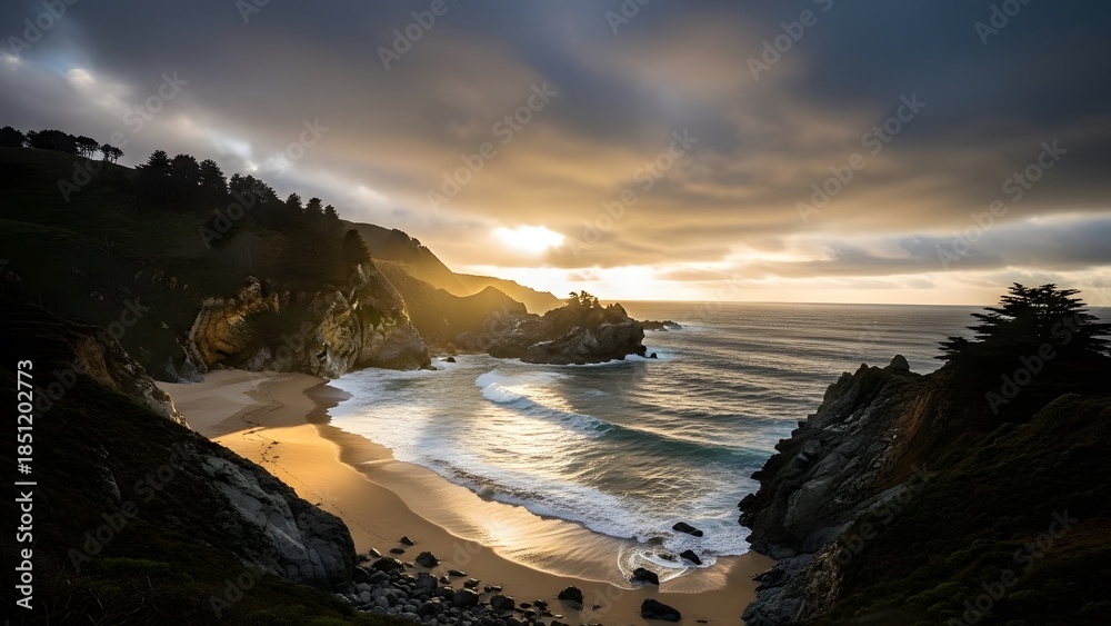 Fototapeta premium Serene sunset over a secluded beach with rugged cliffs and rocky shoreline