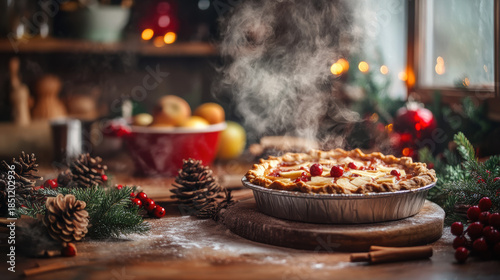 Warm kitchen scene with a steaming apple pie coming out of the oven, surrounded by festive decor like pinecones, cinnamon sticks, and red berries. 