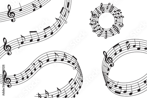 Musical notes and staff swirling decoration elements