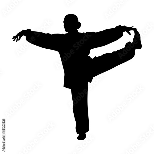 Silhouette of person balancing on one leg with arms outstretched.