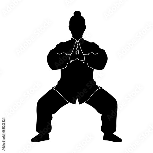 Silhouette of person in martial arts pose with hands pressed together.