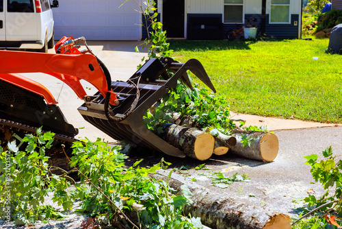 Photos Skid steer machinery removes fallen tree logs from driveway in suburban area