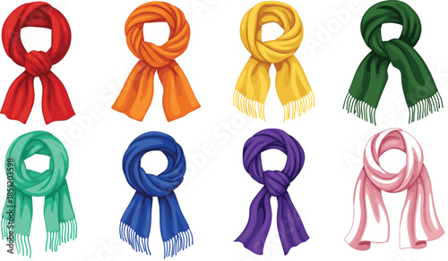 Colorful vector illustration set of knitted winter scarves in a rainbow of colors for cold weather fashion seasonal clothing and accessory designs.