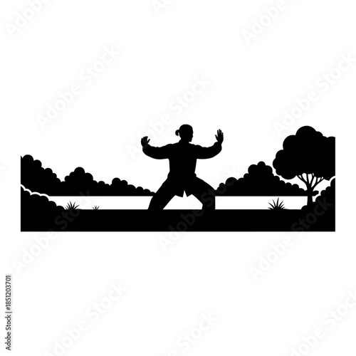 Silhouette of person practicing Tai Chi with raised arms.