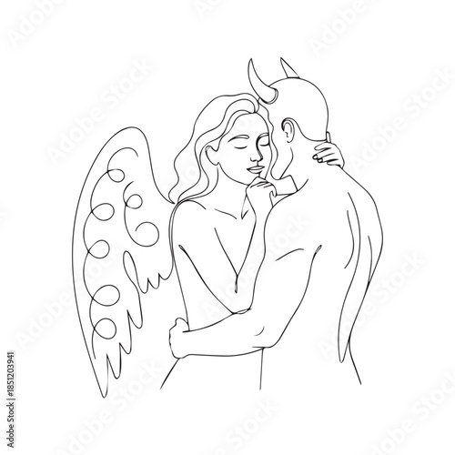 Minimalist One Line Drawing of Angel and Devil Couple Embracing Concept of Forbidden Love and Duality

