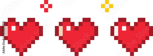Three pixelated hearts with symbols