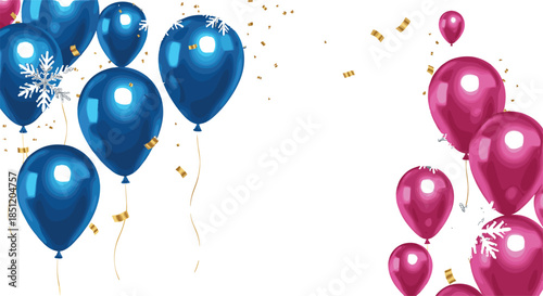 Festive vector illustration featuring glossy blue and pink balloons with floating gold confetti and silver snowflakes for birthday and winter holiday party backgrounds.