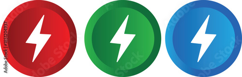 electric lightning bolt icons in red green and blue circular badges for power energy and electricity symbols isolated on white background.