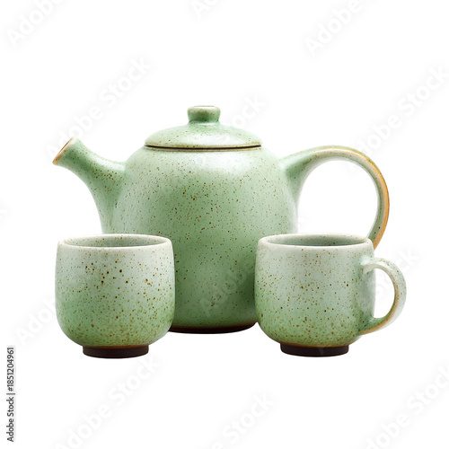 A stylish green ceramic teapot set with two cups isolated on a black background isolated on transparent background
