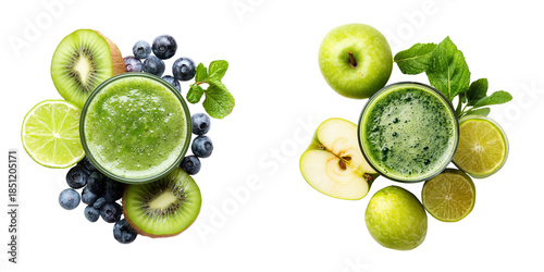 Top View of Fresh Green Smoothies with Fruits and Vegetables Isolated on Transparent Background