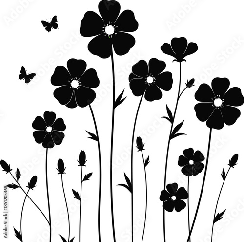 Black silhouette vector illustration of a wildflower meadow featuring tall garden flowers blooming stems and flying butterflies for decorative nature background designs.