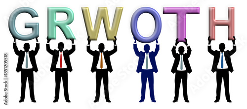 GROWTH text with silhouette figures holding letters, illustrating expansion, development, and progress