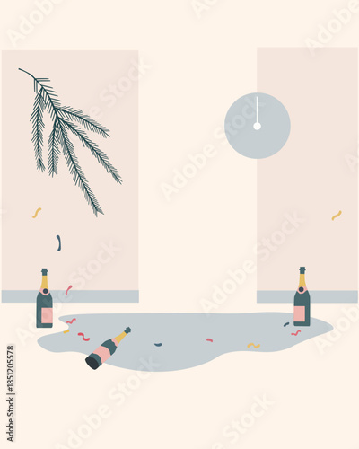 Minimalist New Year's Eve After Party Scene with Champagne and Confetti