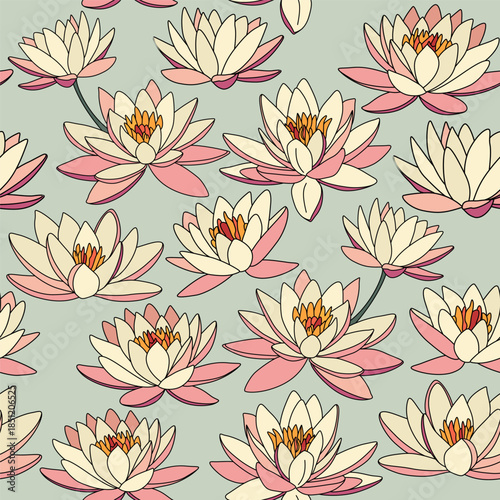 Seamless pastel soft floral pattern with lotus flowers. Lotus pattern with Indian shapes for textile.