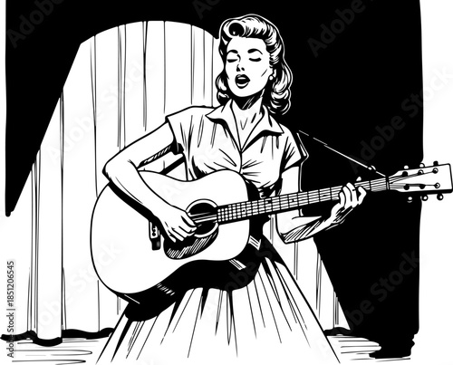 Female Singer Playing Guitar with Microphone Silhouette Vector Art