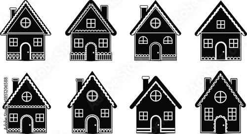 House silhouette icons, architectural variation, home design set, roof styles, window shapes, chimney detail, residential illustration, building comparison