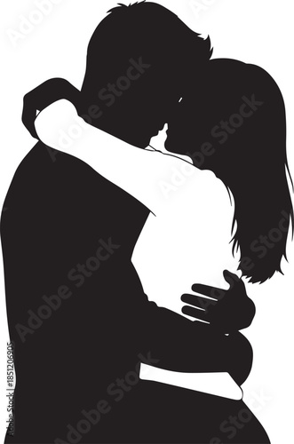 Silhouette of a couple embracing and kissing with passion