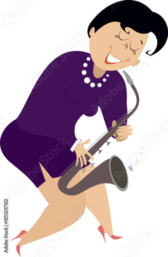 Cheerfulness femal musician plays saxophone with inspiration