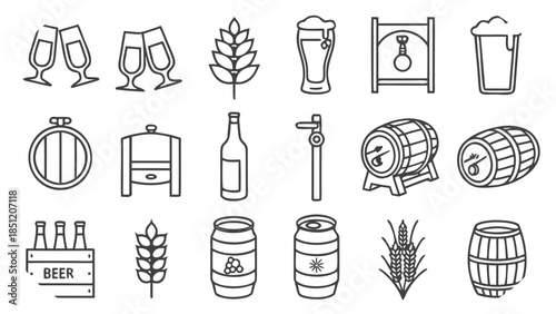Beer Icons Set With Glasses Bottles Barrels And Wheat Stalks vector illustration