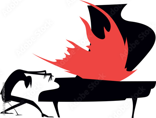 Piano on fire. Man plays piano and sings