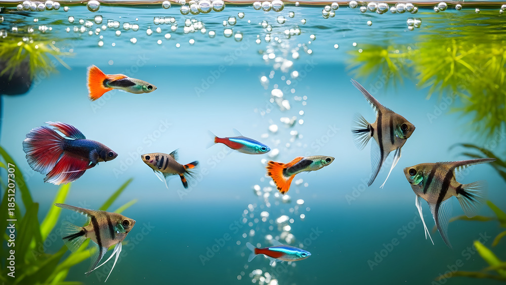 Obraz premium Vibrant freshwater aquarium teeming with diverse species of small, colorful fish swimming amongst lush green aquatic plants and bubbling water, creating a serene underwater scene