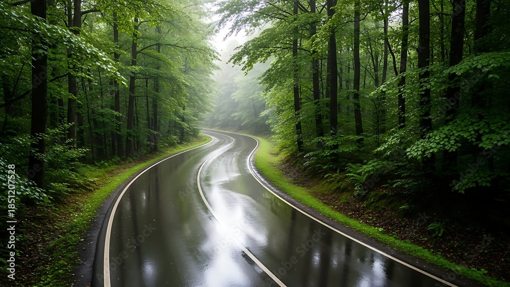 Fototapeta premium A winding road through a lush, green forest after rain, with reflections on the wet asphalt and trees lining the path