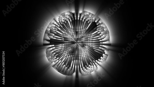 Abstract white neon glowing radial beams forming a circular animation on black background