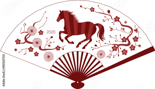 Red horse on japanese fan with cherry blossoms and 2026 year text for chinese new year celebration vector