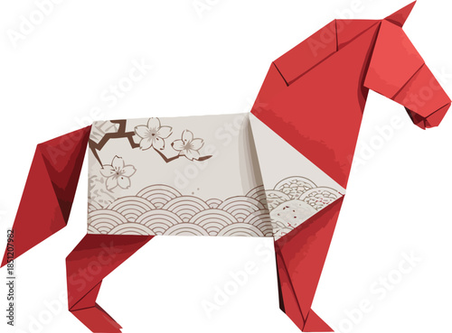 Red origami horse with cherry blossom and wave pattern on body vector illustration for decoration