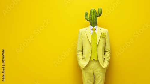 Faceless businessman with cactus head in yellow striped suit on yellow background with copy space