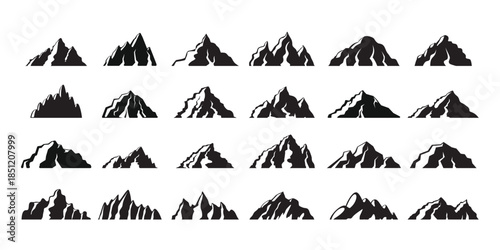 Collection of black mountain silhouettes with different shapes and peaks isolated on white background, minimal vector style suitable for icons, logos, maps, games and design projects