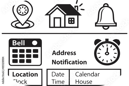 Digital calendar icons for location time date address and notification with bell and alarm Keywords: calendar, icons