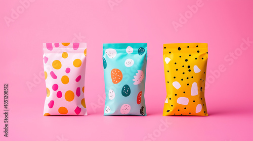 Playful colorful snack pouch packaging mockup on pink background for candy or kids product branding