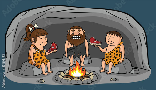 Cartoon Stone Age people in cave with fire, animal skin clothes, cooking meat, prehistoric lifestyle scene, flat vector illustration